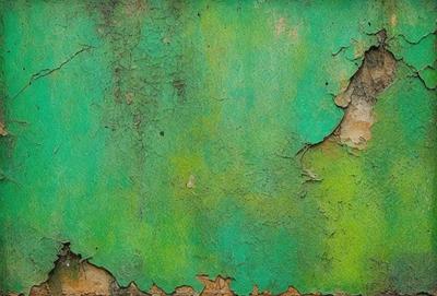 The primary subject of the image is a green, peeling, and chipping paint surface. The setting is a wall with a green background. The visual style is a close-up of the green paint, which appears to be a painting or a drawing. The colors and mood of the image are predominantly green, with a slightly worn and aged appearance.