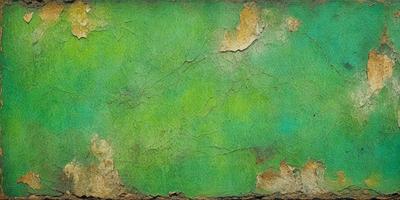 The primary subject of the image is a green background with a pattern of peeling paint. The setting is a wall with a green color, and the visual style is a close-up of the green background. The colors and mood of the image are predominantly green, with a slightly worn and aged appearance due to the peeling paint.
