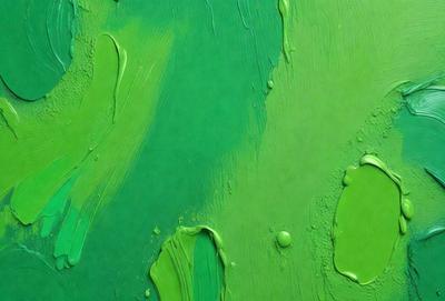 The primary subject of the image is a green painting with a variety of textures and colors. The setting is a wall, and the visual style appears to be a painting or drawing. The dominant colors are green and yellow, creating a lively and vibrant atmosphere.