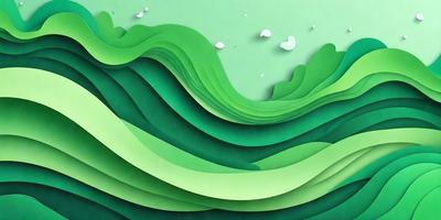 The primary subject of the image is a large, green wave with white clouds on it. The wave is depicted in a digital art style, giving it a unique and creative appearance. The setting is a green background, which complements the wave and adds to the overall atmosphere of the image. The colors and mood of the image are predominantly green and calming, creating a serene and peaceful scene.