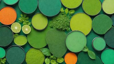 The primary subject of the image is a close-up of a green plant with a lime green background. The plant is surrounded by several green and orange circles, which are likely part of a pattern or design. The setting appears to be a green background, possibly a wall or a surface, with the plant and circles placed on it. The visual style of the image is a close-up of the plant, with the green and orange circles surrounding it. The colors and mood of the image are predominantly green and lime green,