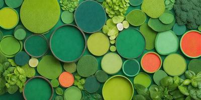 The primary subject of the image is a collection of green and orange circles, which are arranged in various shapes and sizes. The setting is a green background, which provides a vibrant and lively atmosphere. The visual style is a combination of digital art and illustration, creating a unique and eye-catching design. The dominant colors are green and orange, which evoke a sense of freshness and energy.
