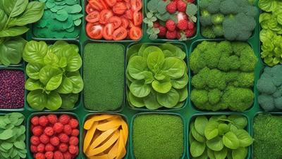The image features a variety of fresh vegetables, including broccoli, raspberries, and tomatoes, displayed in multiple green boxes. The vegetables are arranged in an appealing manner, showcasing their vibrant colors and natural textures. The scene conveys a sense of freshness and healthy eating, with the vegetables being the primary subject of the image.