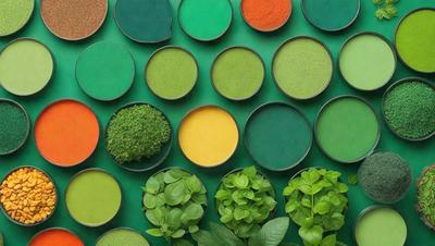 The image features a variety of green plants displayed in different containers. There are several bowls and cups containing the plants, with some placed on a green surface. The plants are arranged in a visually appealing manner, creating a sense of harmony and balance. The primary subject of the image is the green plants, which are the main focus of the scene. The setting is a green background, and the visual style is a combination of photo and digital art. The colors and mood of the image are predominantly green, which gives