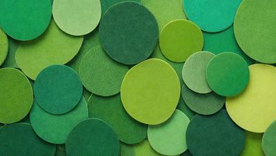 The primary subject of the image is a collection of green and yellow circles. These circles are arranged in various patterns, creating a visually appealing and vibrant scene. The setting is a green background, which adds to the overall atmosphere of the image. The visual style is a combination of photo and digital art, as the circles are arranged in a way that resembles a collage. The dominant colors are green and yellow, which evoke a sense of freshness and warmth.