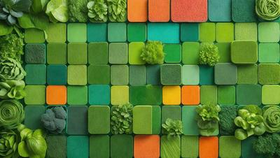 The primary subject of the image is a colorful and vibrant display of green and orange squares. The setting is a green and orange grid, which serves as the backdrop for the squares. The visual style is a combination of digital art and illustration, creating a unique and eye-catching pattern. The dominant colors are green and orange, which evoke a sense of freshness and energy.