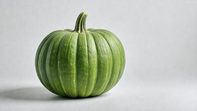 The primary subject of the image is a large, green pumpkin. The pumpkin is placed on a white surface, which serves as the background. The visual style of the image is a photo, capturing the pumpkin in its natural environment. The colors and mood of the image are predominantly green, with the pumpkin being the main focus and creating a sense of freshness and natural beauty.