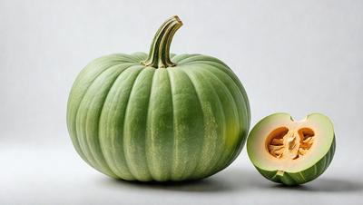 The primary subject of the image is a large green pumpkin. The pumpkin is placed on a white surface, which serves as the background. The visual style of the image is a photo, capturing the pumpkin in its natural environment. The colors and mood of the image are predominantly green, with the pumpkin being the main focus and creating a sense of freshness and natural beauty.