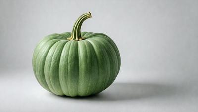 The primary subject of the image is a large, green pumpkin. The pumpkin is placed on a white surface, which serves as the background. The visual style of the image is a photo, capturing the pumpkin in its natural environment. The colors and mood of the image are predominantly green, giving it a fresh and natural appearance.