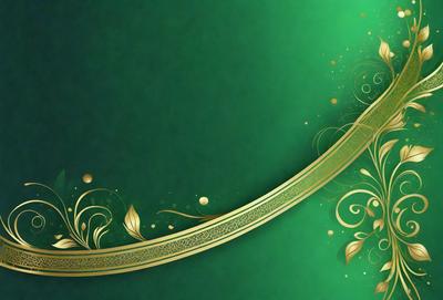 The primary subject of the image is a decorative design featuring a gold and green color scheme. The design is likely a digital art or illustration, as it appears to be a pattern or a decorative element. The setting or background of the image is a green surface, which complements the gold and green colors of the design. The overall atmosphere of the image is elegant and visually appealing.