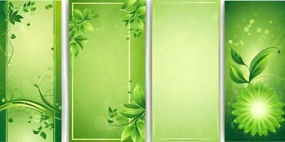 The primary subject of the image is a green background with a leaf pattern. The setting is a white wall, and the visual style is a combination of a photo and digital art. The colors and mood are predominantly green, creating a calm and natural atmosphere.
