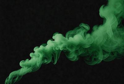 The primary subject of the image is a green smoke or vapor, which appears to be rising from a surface. The setting is a dark background, which contrasts with the green smoke. The visual style is a close-up of the green smoke, emphasizing its texture and movement. The colors and mood of the image are predominantly green, creating a sense of mystery and intrigue.