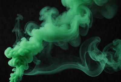The primary subject of the image is a green smoke or fog, which appears to be a digital art or illustration. The setting is a dark background, and the visual style gives the impression of a surreal or fantastical scene. The dominant colors are green and black, creating a moody and mysterious atmosphere.
