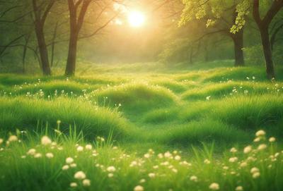 The primary subject of the image is a lush green field with tall grass and wildflowers. The setting is a forest, with trees visible in the background. The visual style is a photo, capturing the beauty of the natural environment. The dominant colors are green, with the grass and wildflowers, and the overall atmosphere is serene and peaceful.