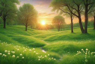 The primary subject of the image is a beautiful, lush green field with a pathway through it. The field is filled with white flowers, creating a serene and picturesque scene. The setting is a sunny day, with the sun shining brightly in the sky. The visual style of the image is a digital art or illustration, showcasing the artist's skill in creating a vibrant and realistic landscape. The colors and mood of the image are predominantly green and sunny, evoking a
