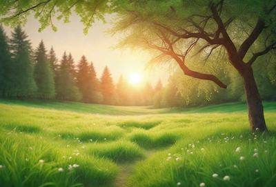 The primary subject of the image is a pathway through a grassy field. The setting is a lush green field with trees in the background, creating a serene and natural atmosphere. The visual style is a combination of photo and digital art, giving the image a realistic yet artistic appearance. The colors are predominantly green, with the grass and trees providing a sense of tranquility and harmony with nature.
