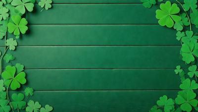The primary subject of the image is a green wall with a shamrock design. The setting is a green wall, and the visual style is a photo. The dominant colors are green and white, creating a lively and festive atmosphere.