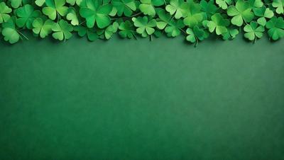 The primary subject of the image is a green background with a pattern of shamrocks, which are four-leaf clovers. The setting is a green surface, possibly a wall or a tablecloth. The visual style is a digital art or illustration, as the shamrocks are well-defined and the overall appearance is clean and crisp. The colors and mood of the image are predominantly green, which gives it a fresh and lively atmosphere.