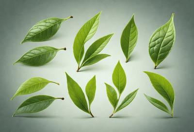 The image features a collection of six green leaves, each with a different shape and size. They are arranged in a visually appealing manner, with some leaves overlapping each other. The leaves are placed on a gray background, which adds a sense of depth and contrast to the scene. The overall atmosphere of the image is calm and serene, with the green leaves serving as a focal point.