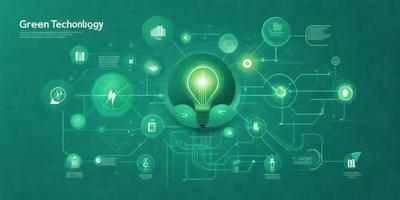 The primary subject of the image is a green light bulb, which is the main focus of the scene. The setting is a green background, which complements the green light bulb. The visual style is digital art, as the light bulb is depicted in a stylized manner. The colors and mood of the image are predominantly green, creating a calm and soothing atmosphere.
