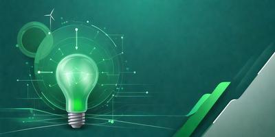 The primary subject of the image is a green light bulb. The setting is a green background, which creates a vibrant and lively atmosphere. The visual style is a combination of digital art and illustration, giving the image a modern and creative appearance. The colors and mood convey a sense of energy and innovation, as the green light bulb symbolizes a new and eco-friendly approach to lighting.