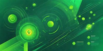 The primary subject of the image is a green and yellow circle with a light bulb inside. The setting is a green background, and the visual style appears to be a digital art or illustration. The colors and mood of the image are bright and lively, with the green and yellow colors creating a sense of energy and vitality.