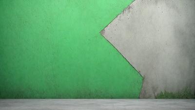 The primary subject of the image is a green wall with a white square on it. The setting is a room with a white table in front of the green wall. The visual style is a photo, and the dominant colors are green and white. The overall atmosphere is clean and modern.