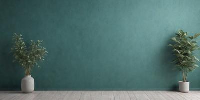 The primary subject of the image is a green wall with a white wooden floor. The setting is a room with a large green wall, and the visual style is a photo. The colors and mood of the image are predominantly green, creating a calm and serene atmosphere.