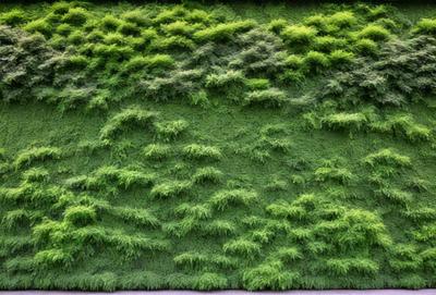 The primary subject of the image is a large, lush green wall with a mossy texture. The setting is an outdoor environment, possibly a garden or a natural landscape. The visual style is a close-up of the green wall, showcasing its intricate details. The dominant colors are green and brown, creating a natural and serene atmosphere.