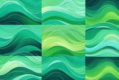 The primary subject of the image is a green and blue ocean wave. The setting is a green and blue ocean, and the visual style is a digital art or illustration. The dominant colors and overall atmosphere are a mix of green and blue, creating a serene and calming mood.
