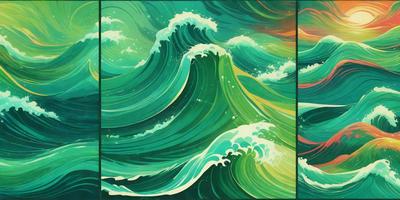 The primary subject of the image is a large wave with a green and yellow color scheme. The wave is depicted in a digital art style, giving it a vibrant and dynamic appearance. The setting is a vast ocean, with the wave being the main focus of the scene. The overall atmosphere is energetic and captivating, as the wave appears to be crashing down on the viewer.