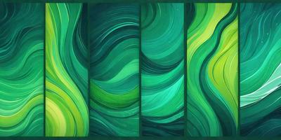 The image is a painting of three different green and yellow swirls. The swirls are arranged in a row, with each swirl having a slightly different design. The colors and mood of the painting are predominantly green and yellow, creating a vibrant and lively atmosphere. The visual style of the painting is a combination of digital art and illustration, giving it a unique and artistic appearance.