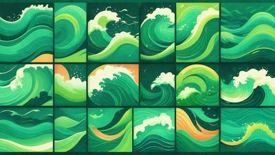 The image is a collection of nine different pictures of waves, each with varying colors and styles. The primary subject is the ocean waves, and the setting is the ocean. The visual style is a mix of digital art and illustration, with the colors and mood ranging from vibrant and lively to more subdued and calming.
