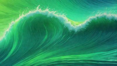 The primary subject of the image is a large, green wave in the ocean. The wave is the main focus of the image, and it appears to be a digital art or illustration. The setting is the ocean, with the wave crashing against the surface. The visual style gives the image a vibrant and dynamic appearance, with the green wave being the center of attention. The colors and mood of the image are predominantly green, creating a sense of calmness and natural beauty.