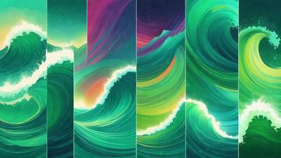The primary subject of the image is a series of four different colored ocean waves. The setting is the ocean, and the visual style is a combination of digital art and illustration. The dominant colors are green, blue, and purple, creating a serene and calming atmosphere.