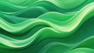 The primary subject of the image is a large, colorful, and intricate design featuring a series of green waves or ripples. The setting is a wall or a surface with a patterned texture, giving the impression of a water-like surface. The visual style is a combination of digital art and illustration, creating a vibrant and dynamic appearance. The dominant colors are green, with various shades and tones, contributing to a lively and refreshing atmosphere.