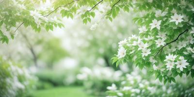 The primary subject of the image is a tree filled with white flowers. The tree is surrounded by a lush green environment, creating a serene and peaceful atmosphere. The visual style of the image is a photo, capturing the beauty of the tree and its flowers in detail. The colors and mood of the image are predominantly green and white, reflecting the natural and calming ambiance of the scene.
