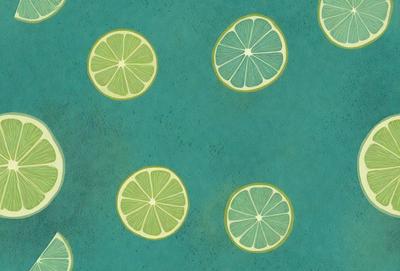 The primary subject of the image is a pattern of green limes. The setting is a blue surface, which could be a wallpaper or a painting. The visual style is a combination of photo and digital art, creating a unique and vibrant appearance. The dominant colors are green and blue, giving the image a fresh and lively atmosphere.