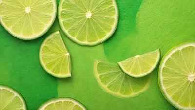 The primary subject of the image is a close-up of sliced limes on a green background. The limes are arranged in various positions, with some slices placed on top of each other. The visual style of the image is a photo, capturing the vibrant colors and textures of the limes. The dominant colors are green and yellow, creating a fresh and lively atmosphere.