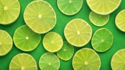 The primary subject of the image is a large pile of green limes. The limes are sliced into wedges and are arranged on a green surface, creating a visually appealing and fresh display. The setting appears to be a kitchen or a dining area, as the limes are placed on a table or counter. The visual style of the image is a close-up of the limes, emphasizing their vibrant green color and texture. The overall atmosphere of the image is fresh, healthy, and inv