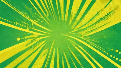The primary subject of the image is a bright green and yellow circle, which appears to be a sun or a light source. The setting is a green background, and the visual style is a combination of digital art and illustration. The colors and mood of the image are vibrant and energetic, with the green and yellow hues creating a lively atmosphere.