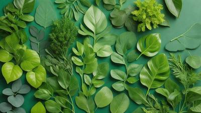 The primary subject of the image is a variety of green leaves, which are the main objects in the scene. The leaves are arranged in a visually appealing manner, creating a sense of abundance and freshness. The setting is a green background, which provides a natural and vibrant backdrop for the leaves. The visual style of the image is a close-up of the leaves, showcasing their intricate details and textures. The dominant colors in the image are green, which is the color of the leaves, and the