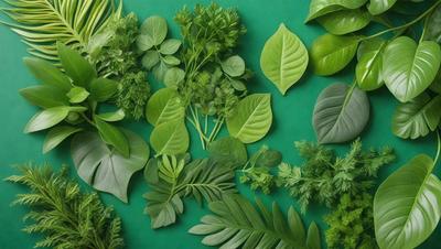 The image features a green background with a variety of green leaves and plants. The primary subject is a collection of green leaves, which are arranged in different shapes and sizes. The leaves are spread across the background, creating a visually appealing and natural scene. The visual style of the image is a close-up of the green leaves, showcasing their intricate details and textures. The colors and mood of the image are predominantly green, which gives it a fresh and lively atmosphere.