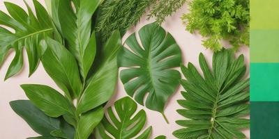 The image features a variety of green leaves and plants, including a large green leaf and a smaller leaf. The leaves are arranged on a pink background, creating a visually appealing contrast. The plants are displayed in a way that showcases their natural beauty and texture. The overall atmosphere of the image is fresh, vibrant, and inviting.