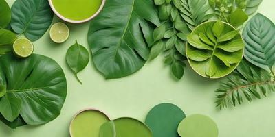 The primary subject of the image is a variety of green leaves, which are the main objects in the scene. The leaves are displayed on a green background, creating a vibrant and lively atmosphere. The visual style of the image is a close-up of the leaves, showcasing their intricate details and textures. The dominant colors in the image are green, which is the color of the leaves, and the green background, which complements the leaves and adds to the overall mood of the scene.
