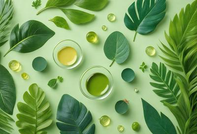 The primary subject of the image is a close-up of a green plant with a yellow liquid in a glass. The setting is a green background, and the visual style is a photo. The dominant colors are green and yellow, creating a natural and vibrant atmosphere.