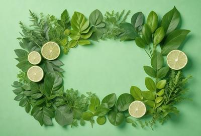 The primary subject of the image is a green circle made up of various green plants, including limes and leaves. The circle is placed on a green background, creating a vibrant and fresh atmosphere. The visual style of the image is a combination of photo and digital art, as it appears to be a close-up of the green circle, with the plants and limes looking realistic and well-defined. The colors and mood of the image are predominantly green, which adds to the overall fresh and natural feel of the scene