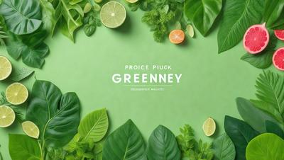 The image features a green background with a variety of greenery, including leaves and fruits. There are several oranges and limes scattered throughout the scene, adding a pop of color to the predominantly green environment. The overall atmosphere is fresh and vibrant, with the greenery and fruits creating a lively and healthy visual.