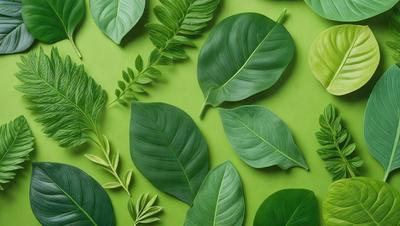 The image features a green background with a variety of green leaves and plants. The leaves are arranged in a visually appealing manner, creating a sense of harmony and balance. The primary subject of the image is the leaves and plants, which are the main focus of the scene. The visual style of the image is a combination of natural elements and artistic arrangement, giving it a unique and captivating appearance. The colors and mood of the image are predominantly green, which adds to the overall atmosphere of freshness and tranqu