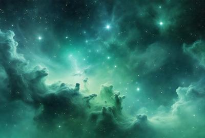 The primary subject of the image is a green, star-filled sky. The setting is a space filled with stars, creating a beautiful and serene atmosphere. The visual style of the image is a combination of photo and digital art, as it captures the beauty of the night sky with a touch of creativity. The colors and mood of the image are predominantly green, with the stars adding a sense of depth and tranquility to the scene.